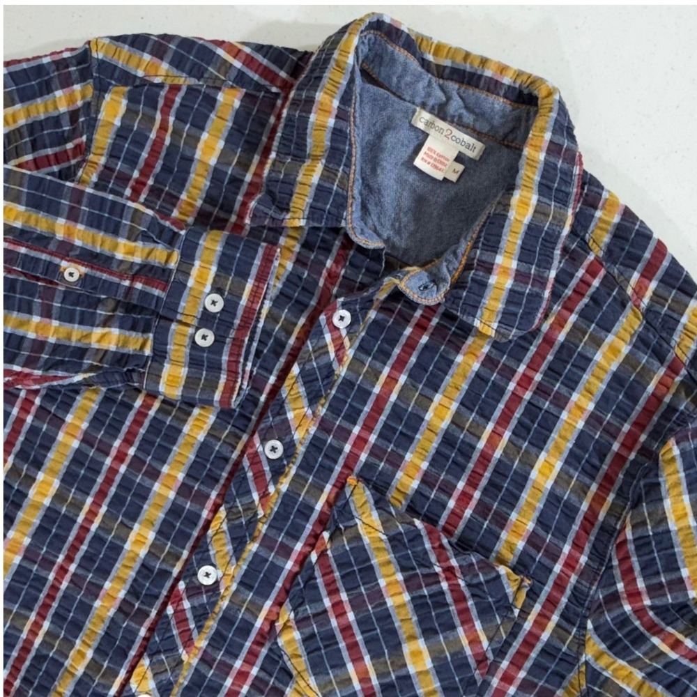 Carbon2Cobalt Button Up Shirt Medium Navy Plaid Seersucker Textured Cotton